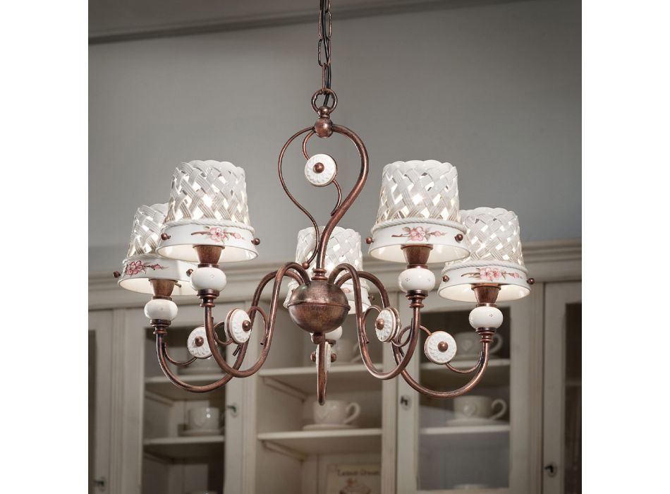 Żyrandol z 5 lampkami z metalu i ręcznie robionej ceramiki ze zdobieniami - Werona Viadurini