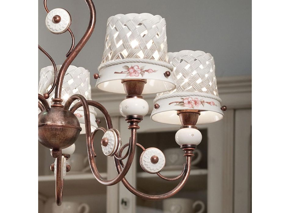 Żyrandol z 5 lampkami z metalu i ręcznie robionej ceramiki ze zdobieniami - Werona Viadurini