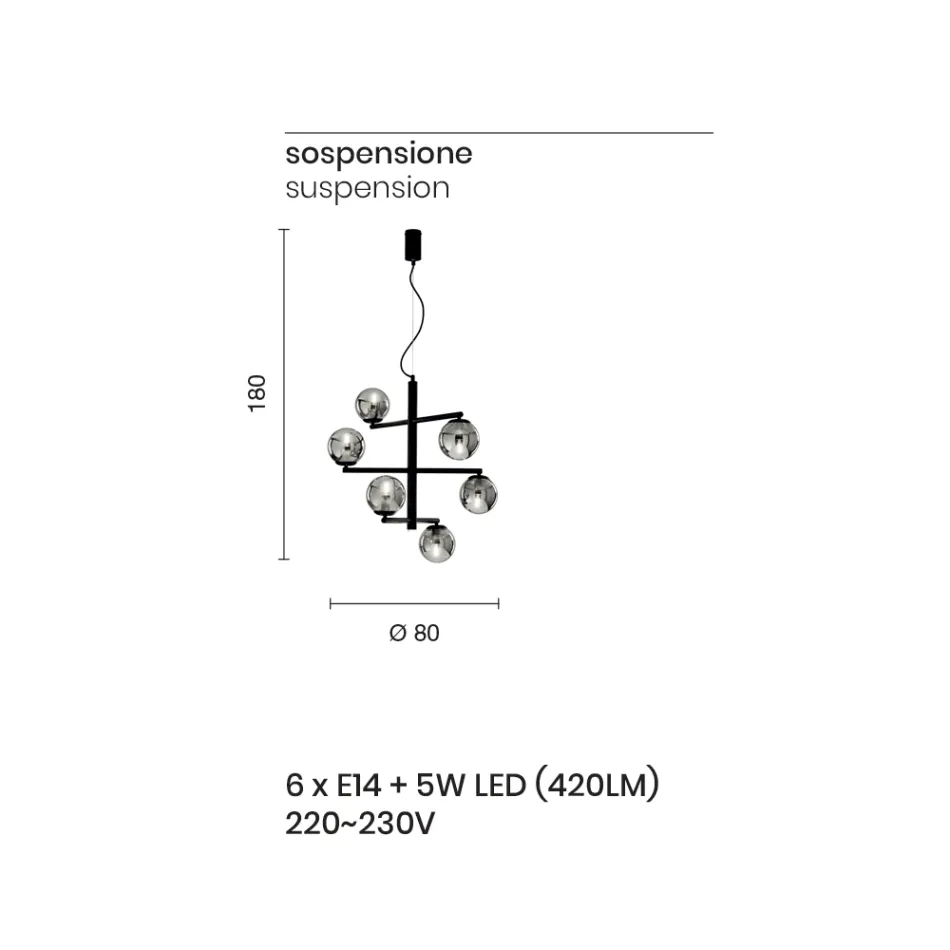 Żyrandol na 6 świateł z malowanego metalu ze szklanymi dyfuzorami - Lido Viadurini