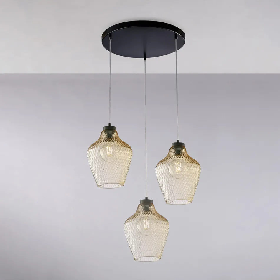 Alnitak 3-Light Czarna szklana lampa wisząca z metalu Viadurini