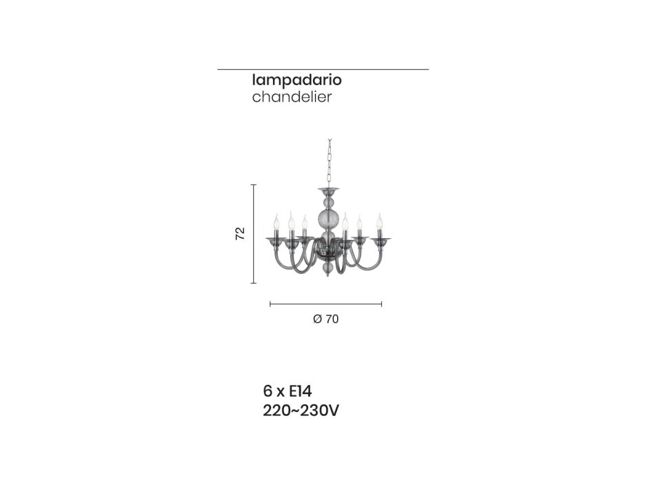 Klasyczny żyrandol 6 lampek z przydymionego szkła ręcznie włoski i metalowy - Memo Viadurini