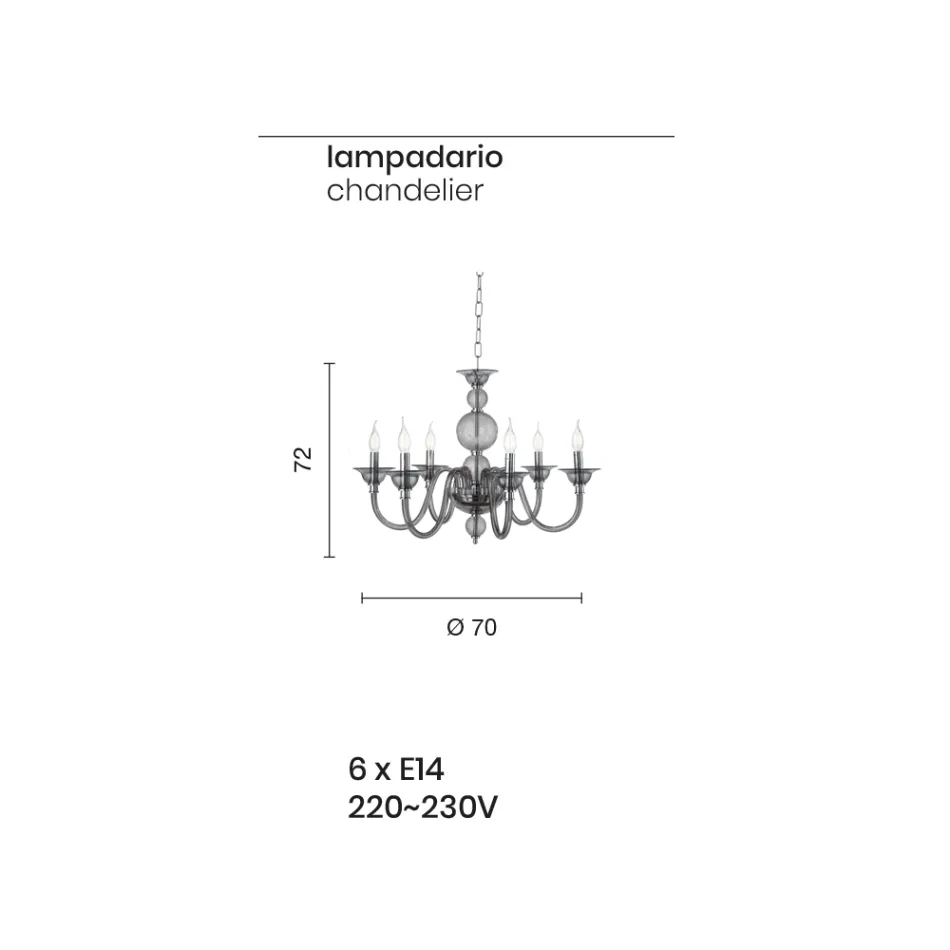 Klasyczny żyrandol 6 lampek z przydymionego szkła ręcznie włoski i metalowy - Memo Viadurini