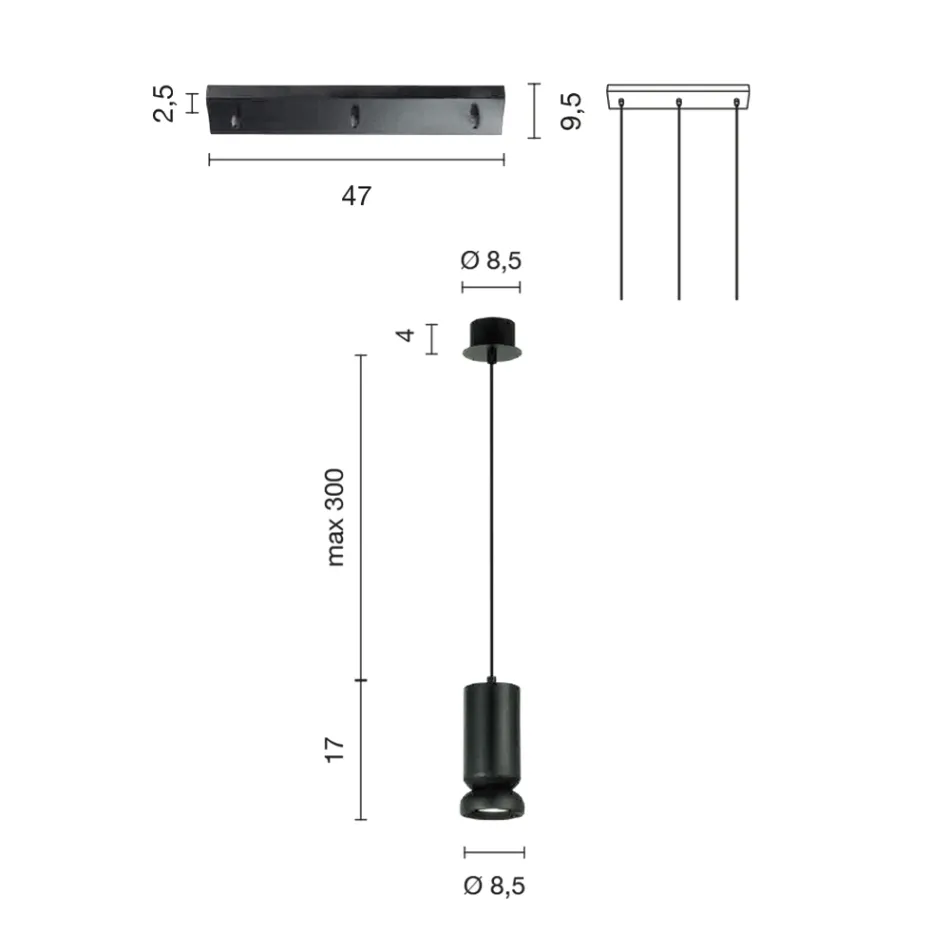 Żyrandol z 3 diodami LED z malowanego proszkowo aluminium i regulowanym kablem - Buxus Viadurini
