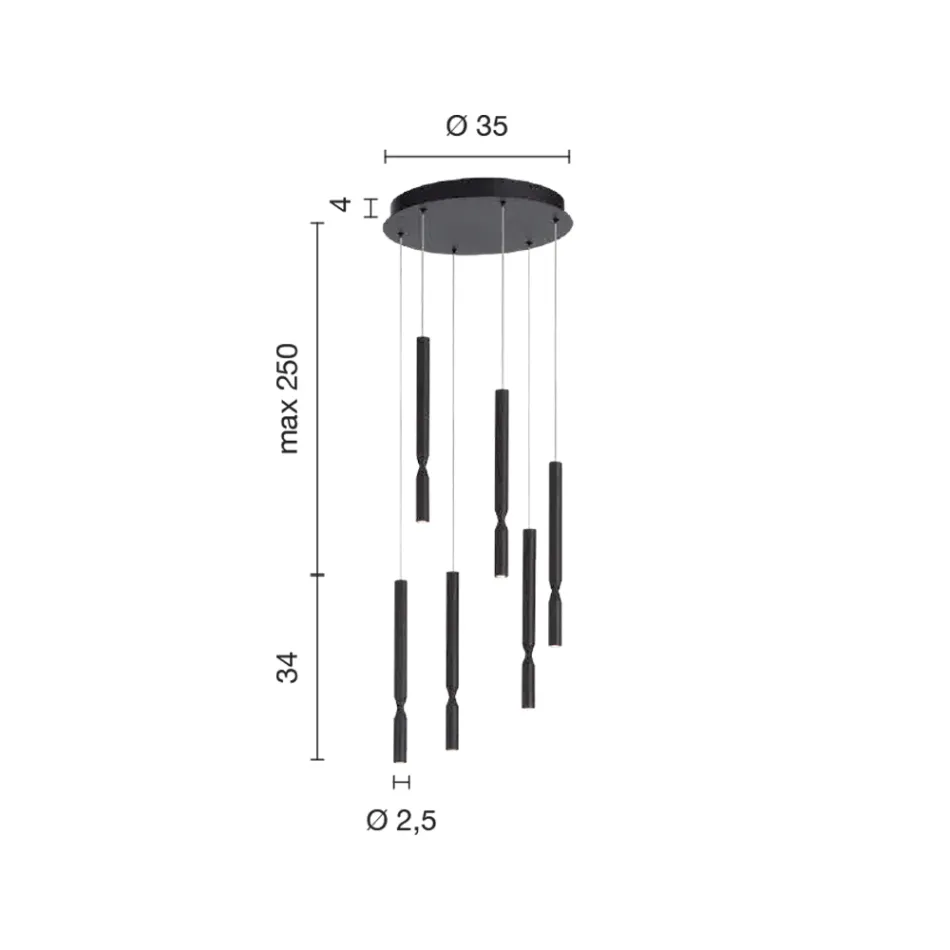 Żyrandol z 6 diodami LED z malowanego metalu i regulowanymi kablami - modrzew Viadurini
