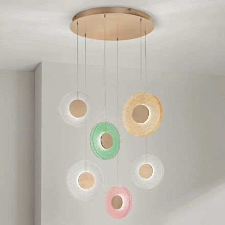 Żyrandol z 6 diodami LED z malowanego metalu i kolorowego szkła Graniglia - Albizia Viadurini