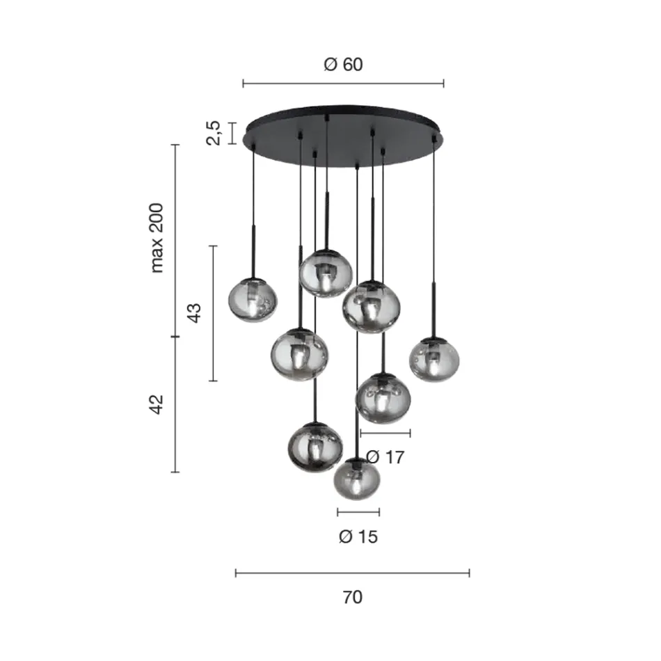 Żyrandol z 8 diodami LED z metalu malowanego na złoto i dmuchanego szkła - Ailanto Viadurini