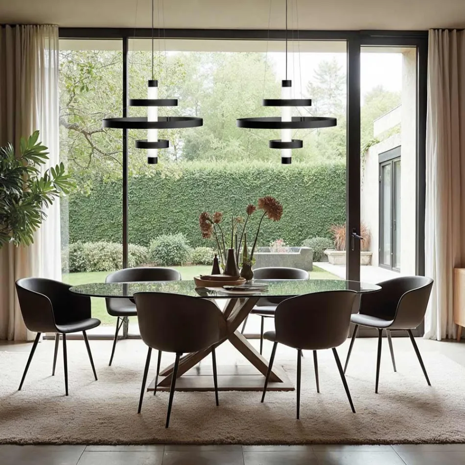 Żyrandol z korpusem szklanym i 3 aluminiowymi kółkami - Clara Viadurini