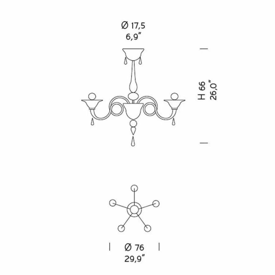 Żyrandol ze szkła weneckiego 5 lampek, ręcznie robiony we Włoszech - Margherita Viadurini