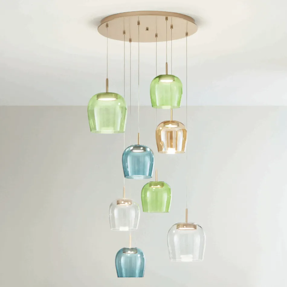 Żyrandol z metalu malowanego na złoto i światła LED oraz kolorowego szkła - Grab Viadurini