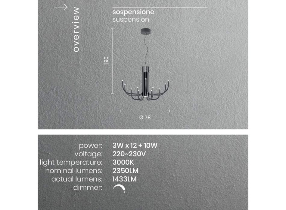 Żyrandol LED z 13 światłami w kolorze białym, czarnym lub złotym lakierowanym metalem - Scorpio Viadurini