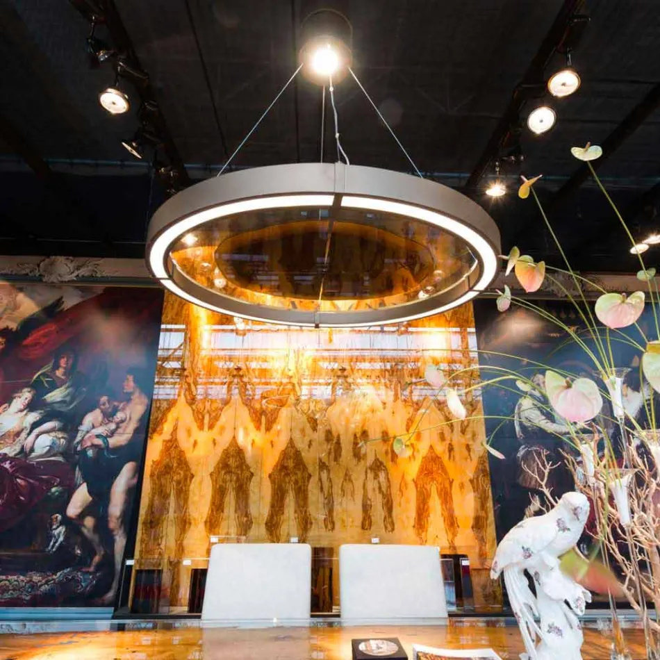 Nowoczesny żyrandol ze stali i szkła z drewnianą wkładką Made in Italy - Seul Viadurini