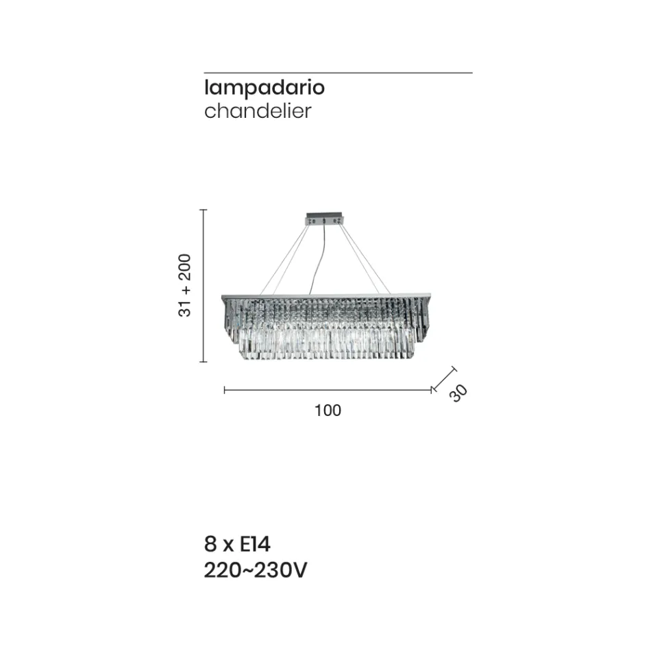 Klasyczny żyrandol wiszący z metalu i luksusowego szlifowanego kryształu - Mirielle Viadurini