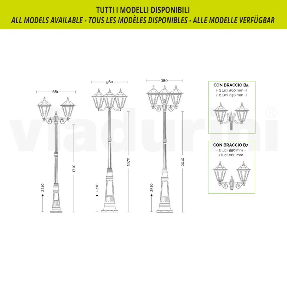 Lampa ogrodowa o wysokości 179 cm ze szkła i 5 aluminiowych wykończeń - Pinako Viadurini