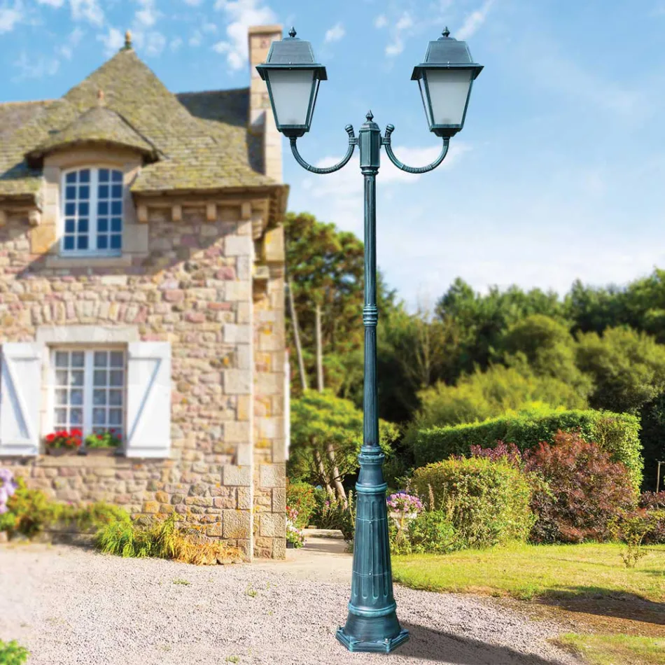 Zabytkowa latarnia z 2 lampkami z aluminium i szkła Wyprodukowano we Włoszech - Dorota Viadurini