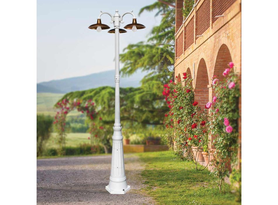 Zabytkowa latarnia z 3 lampkami z aluminium i mosiądzu Made in Italy - Adela Viadurini