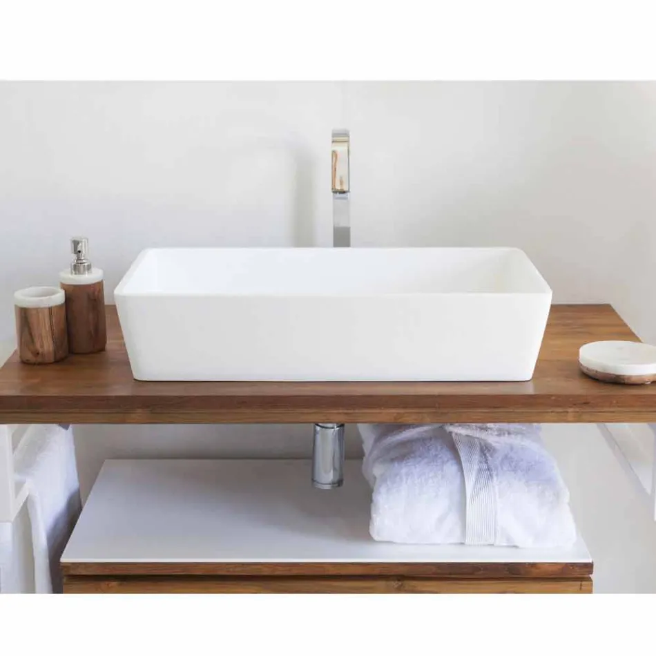 Prostokątna umywalka nablatowa w białym wykończeniu Solid Surface - Sider Viadurini