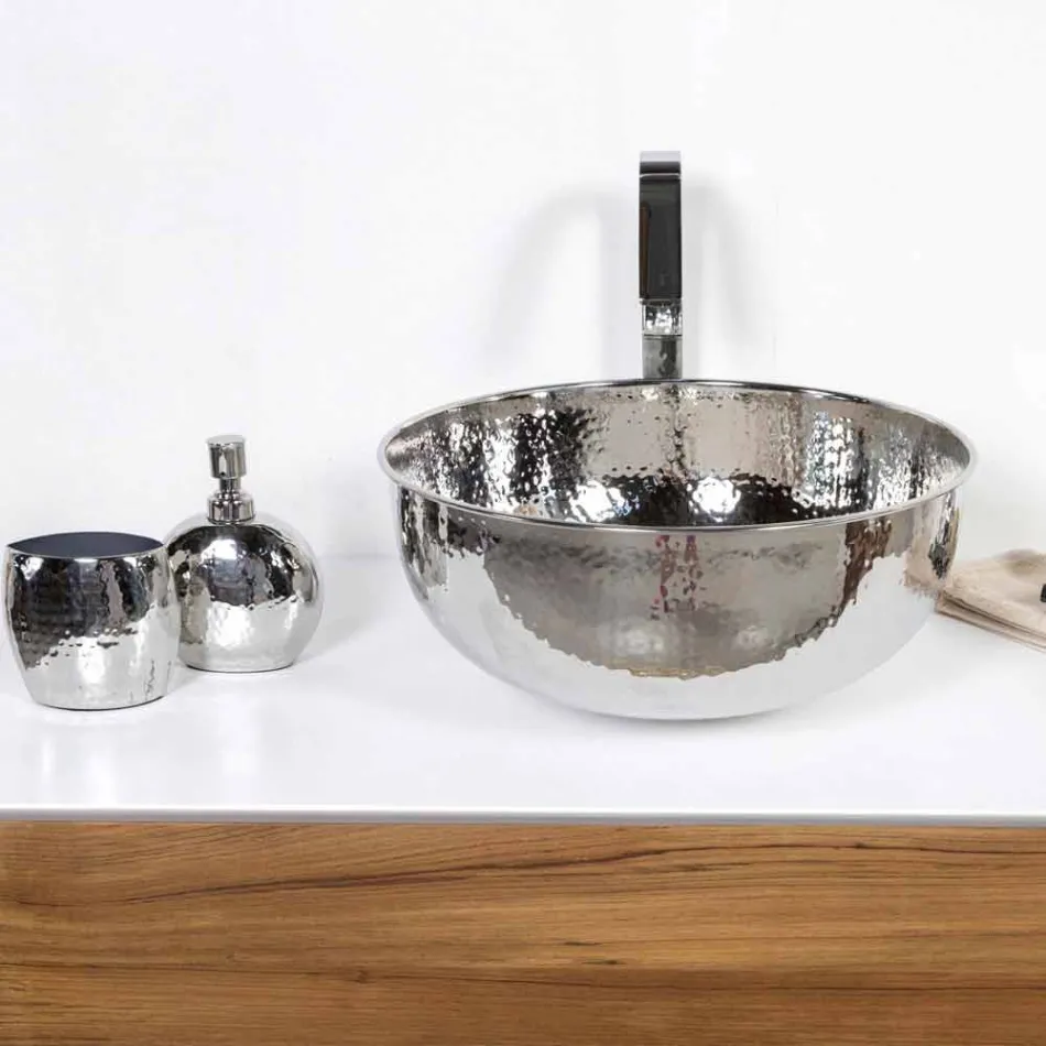 Okrągła Umywalka Nablatowa z Młotkowego Chromowanego Mosiądzu - Diament Viadurini