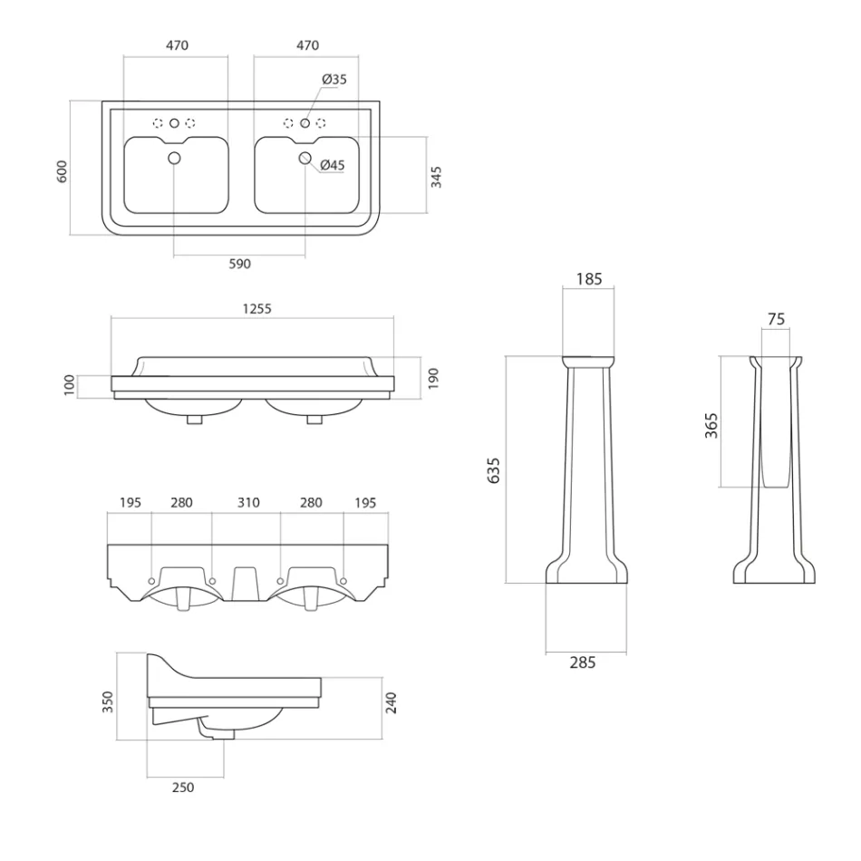 Umywalka z konsolą kolumnową z podwójną umywalką ceramiczną Made in Italy - Wollie Viadurini