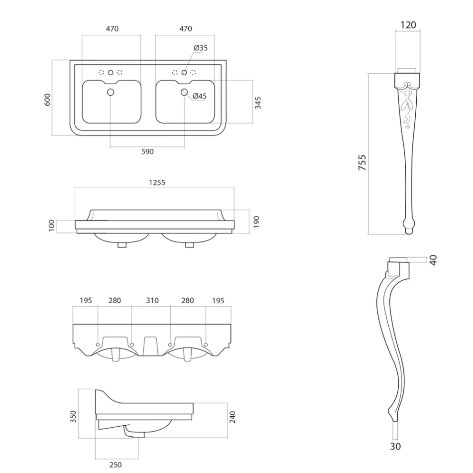 Umywalka konsolowa z białej ceramiki z podwójną umywalką Made in Italy - Wollie Viadurini