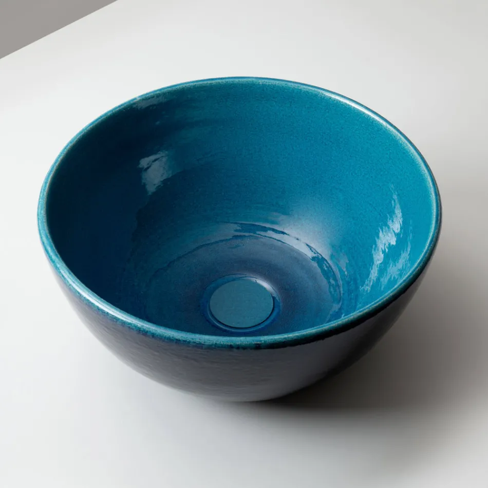 Zlewozmywak z gliny Raku z wykończeniem w kolorze perskiego błękitu i kryształkami – Fresco Viadurini