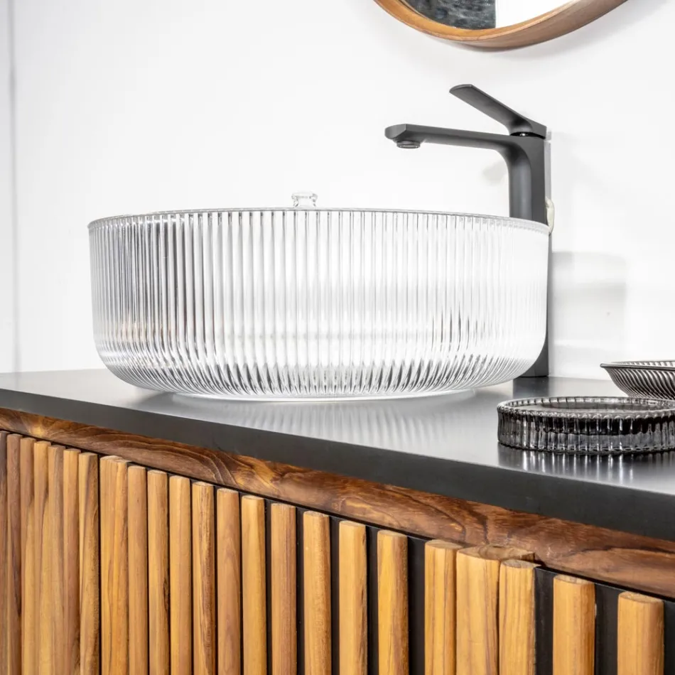 Okrągła umywalka nablatowa ze szkła weneckiego Plissè Made in Italy - cyrkon Viadurini