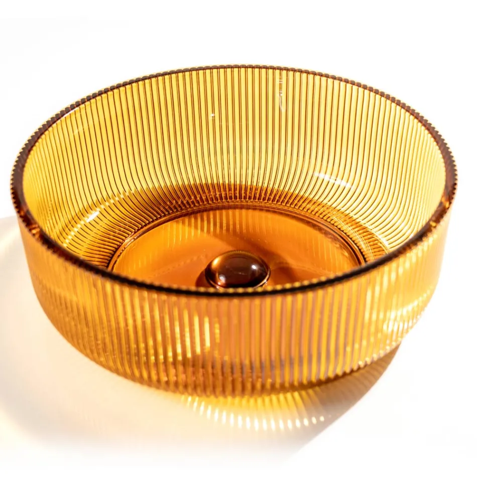 Okrągła umywalka nablatowa ze szkła weneckiego Plissè Made in Italy - cyrkon Viadurini