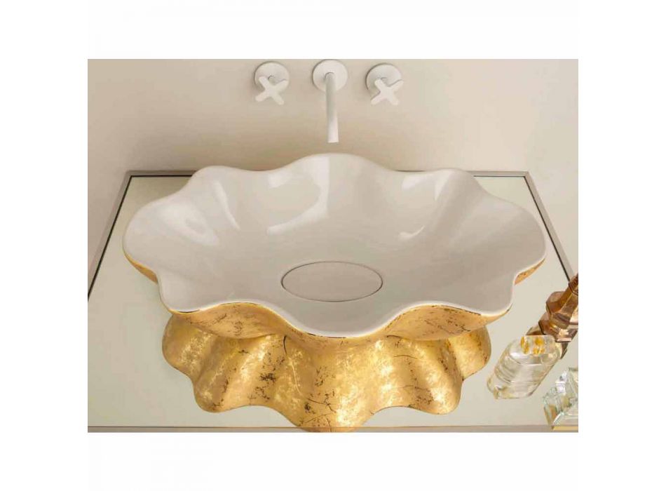 Umywalka nablatowa w białej i złotej ceramice wykonana we Włoszech Cubo Viadurini