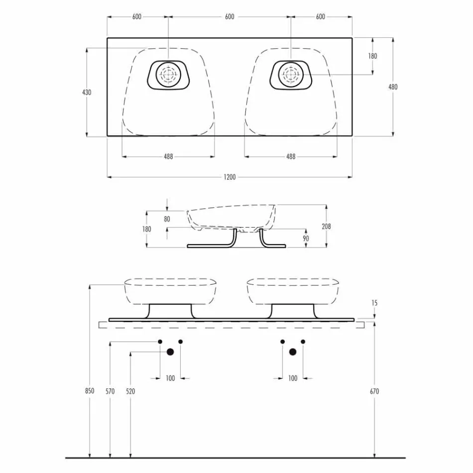 Umywalka ceramiczna podwójna naścienna, wyprodukowana we Włoszech, Reale Viadurini