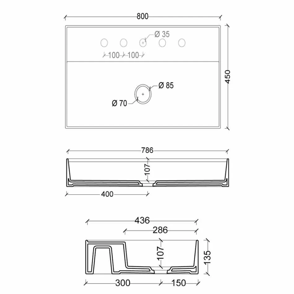 Nowoczesny design podwieszany ceramiczny umywalka Sun 80x45 cm, wyprodukowany we Włoszech Viadurini