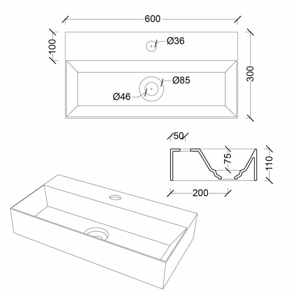 Nowoczesna prostokątna umywalka nablatowa lub wisząca 60x30 cm w ceramice - Act Viadurini