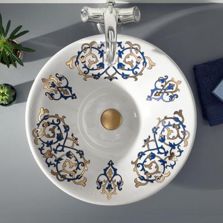 Umywalka częściowo wpuszczana z dekoracjami w kolorze kobaltowym i złotym lub złotym Made in Italy - Capatosta Viadurini