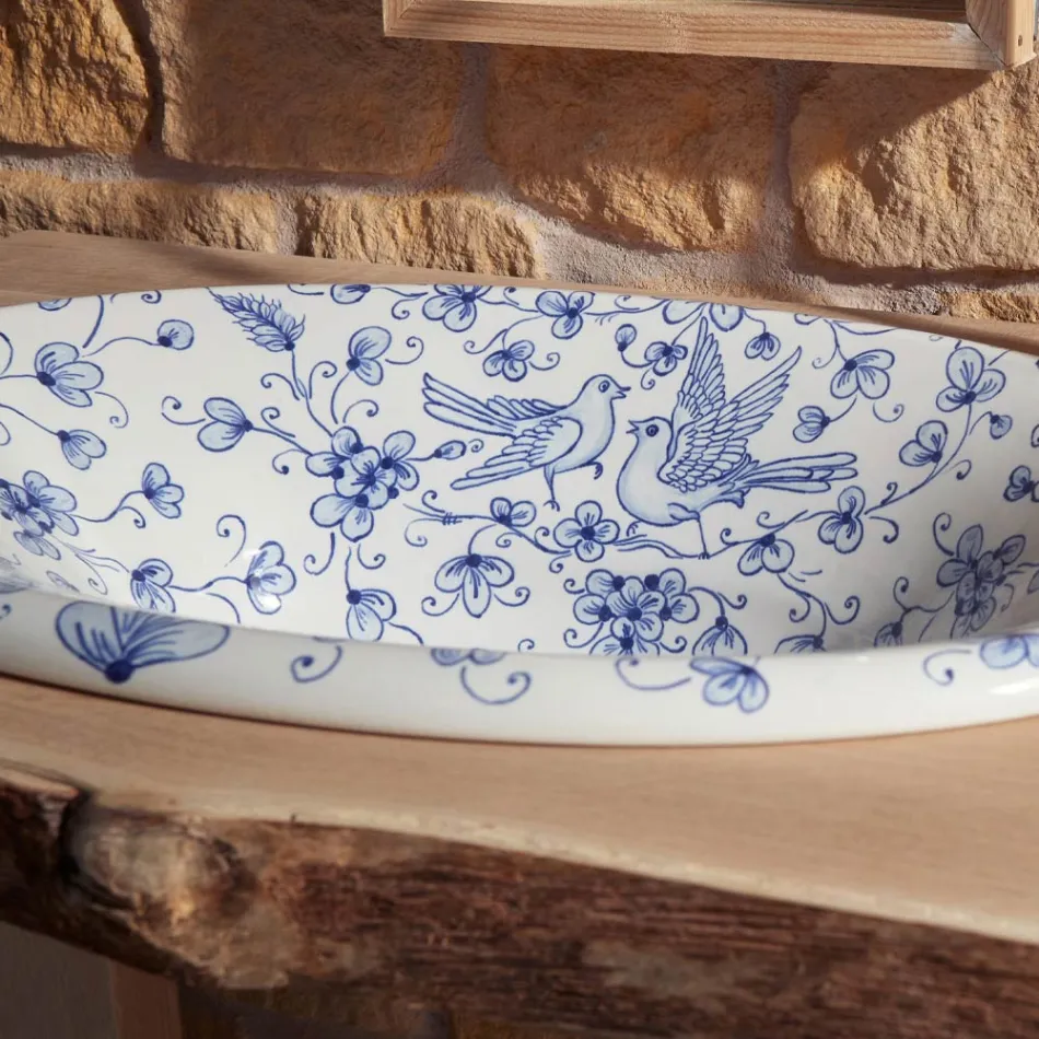 Umywalka częściowo wpuszczana z ręcznie malowanej gliny szamotowej Wyprodukowano we Włoszech - Principe Viadurini