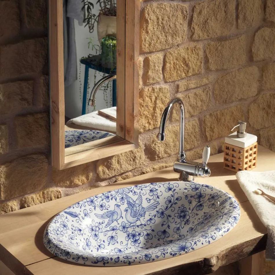 Umywalka częściowo wpuszczana z ręcznie malowanej gliny szamotowej Wyprodukowano we Włoszech - Principe Viadurini