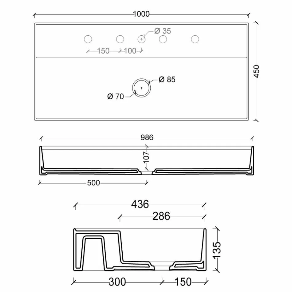 Nowoczesny design umywalka podwieszana ceramiczna Sun 100x45 cm wykonana we Włoszech Viadurini