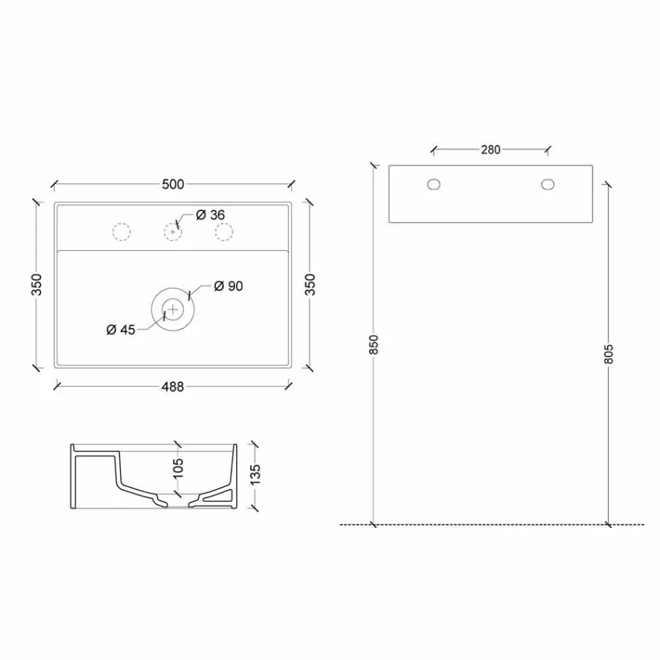 Umywalka ceramiczna podwieszana Sun 50x35 cm, dostępne różne kolory Viadurini