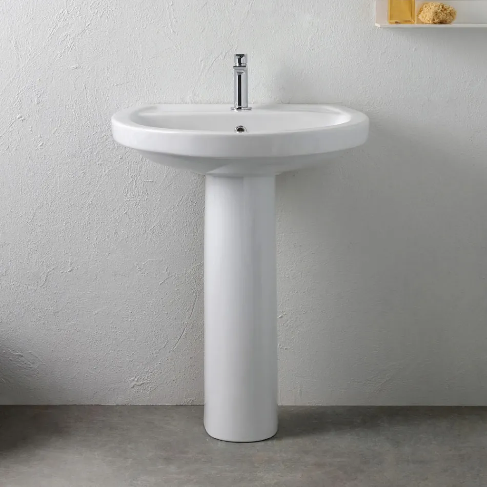 Biała ceramiczna umywalka na postumencie o eleganckim, nowoczesnym wzornictwie – Silica Viadurini