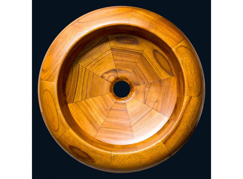 okrągła umywalka w drewno tekowe blacie Leon, jednoczęściowa Viadurini