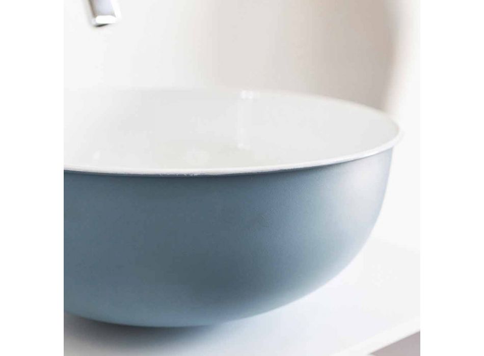 Okrągła umywalka nablatowa z emaliowanego metalu w kolorze białym i błękitnym - Sky Viadurini