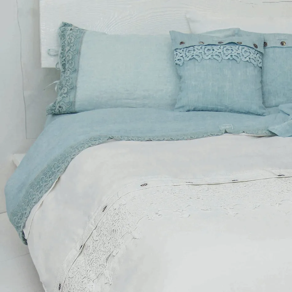 Wysokiej jakości białe prześcieradło lniane z koronką do łóżka podwójnego - Fiumana Viadurini