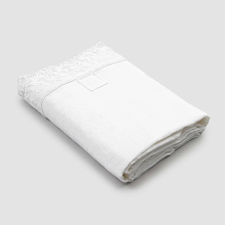 Wysokiej jakości białe prześcieradło lniane z koronką do łóżka podwójnego - Fiumana Viadurini