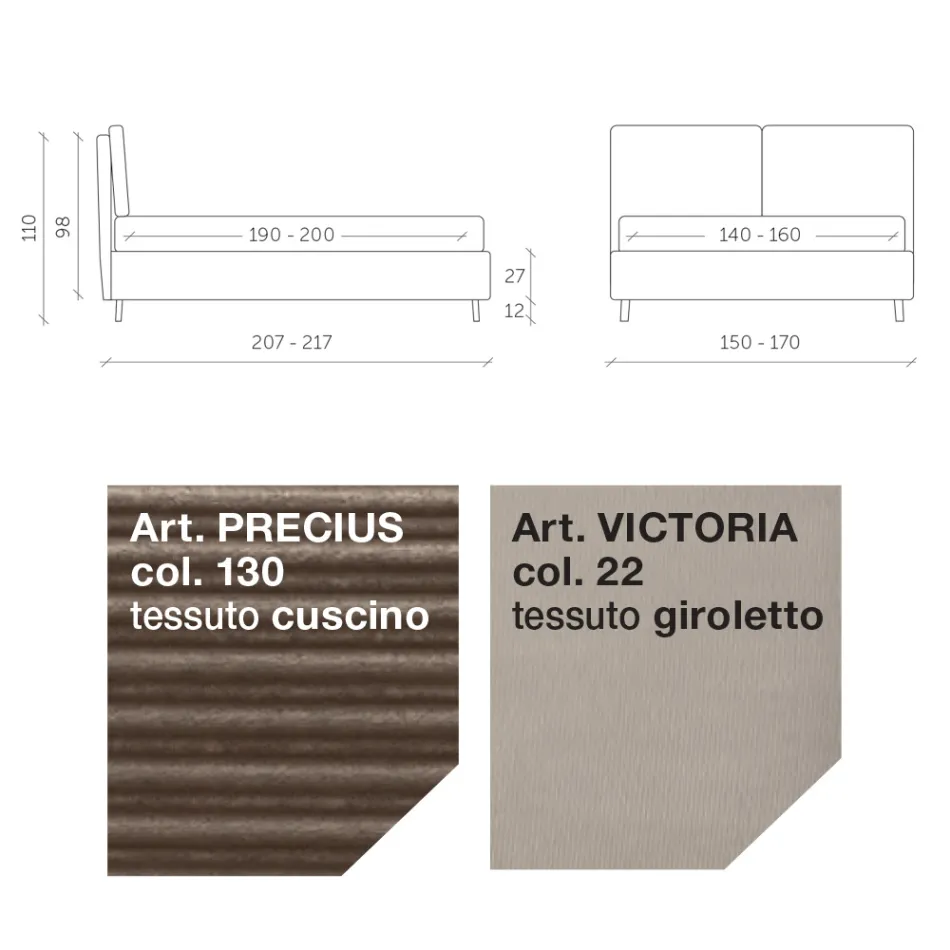 Łóżko podwójne 160x190 z 2 miękkimi poduszkami w zagłówku - Tramonti Viadurini