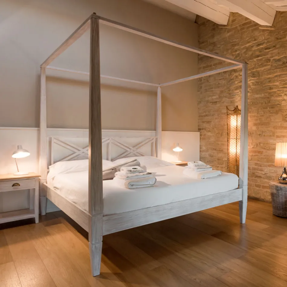 Łóżko podwójne 160x200 z baldachimem z litego drewna tekowego – akwarela Viadurini