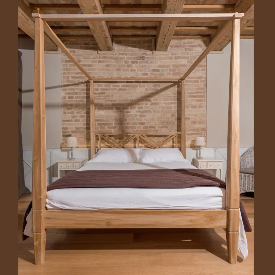 Łóżko podwójne 180x200 z baldachimem z litego drewna tekowego – tempera Viadurini