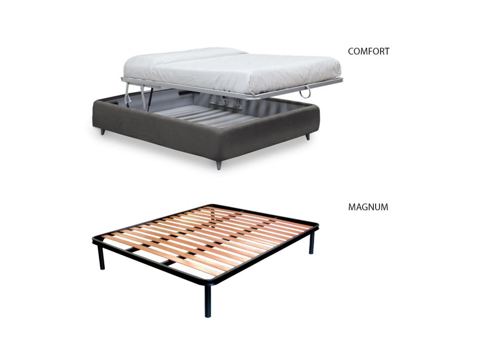 Łóżko podwójne z opcjonalnym schowkiem, 2 stolikami nocnymi i materacem - Fiuto Viadurini