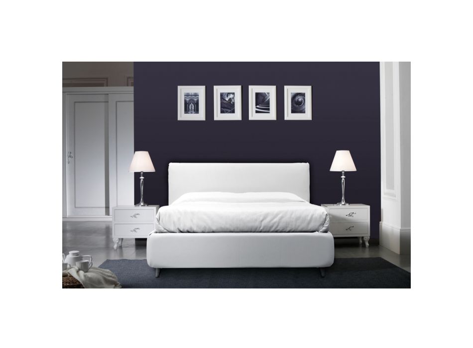 Łóżko podwójne z opcjonalnym schowkiem, 2 stolikami nocnymi i materacem - Fiuto Viadurini