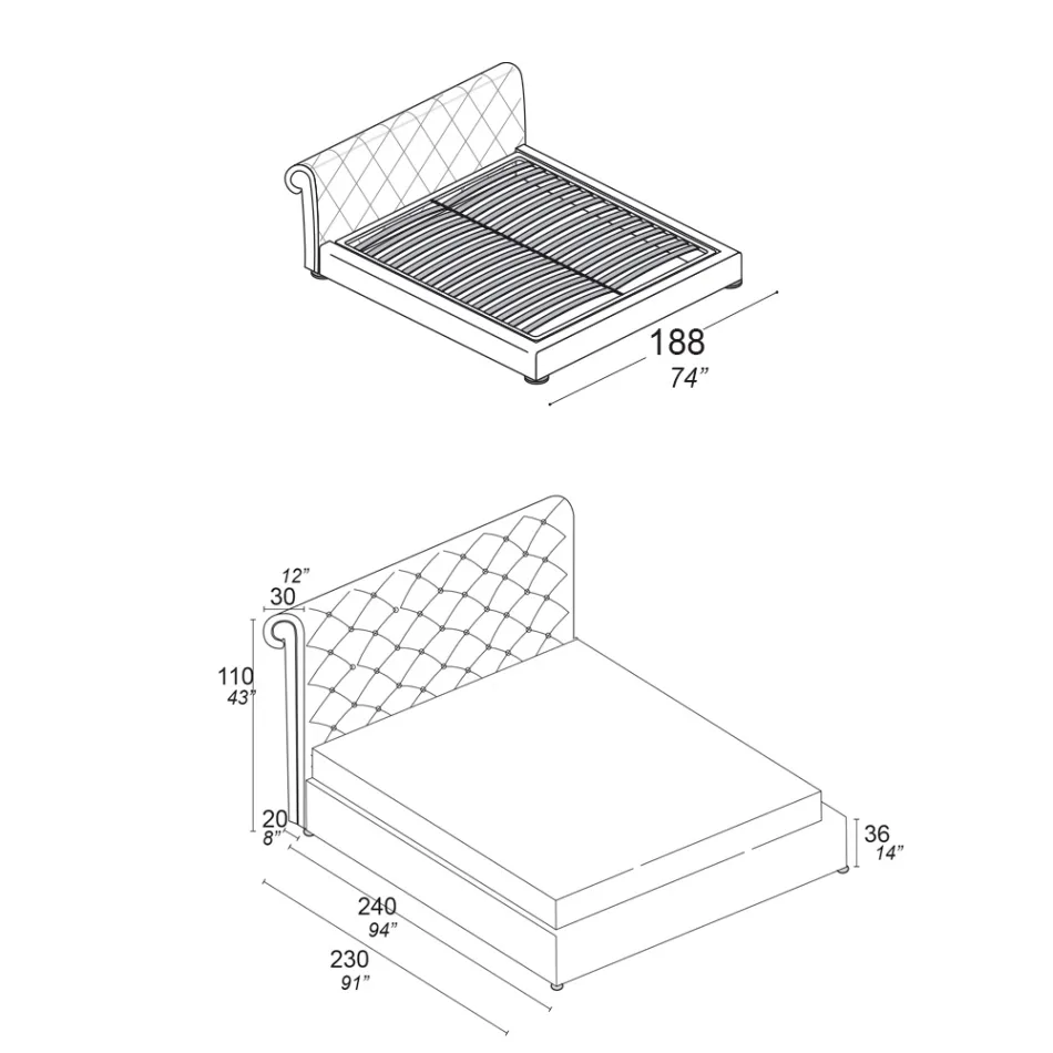 Podwójne łóżko z wyściółką capitonné i drewnianymi nóżkami - Briosco Viadurini