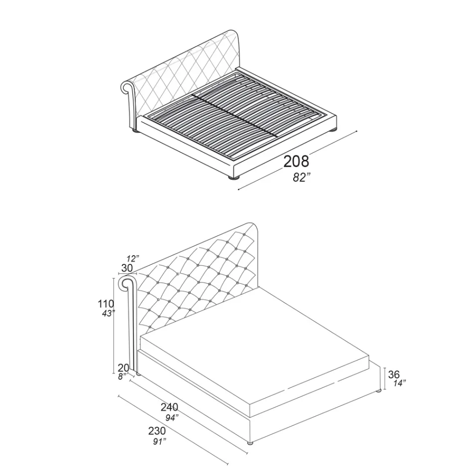 Podwójne łóżko z wyściółką capitonné i drewnianymi nóżkami - Briosco Viadurini