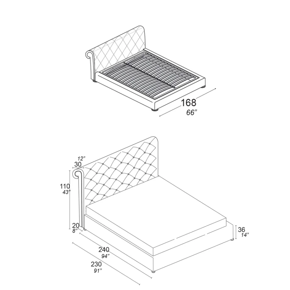 Podwójne łóżko z wyściółką capitonné i drewnianymi nóżkami - Briosco Viadurini