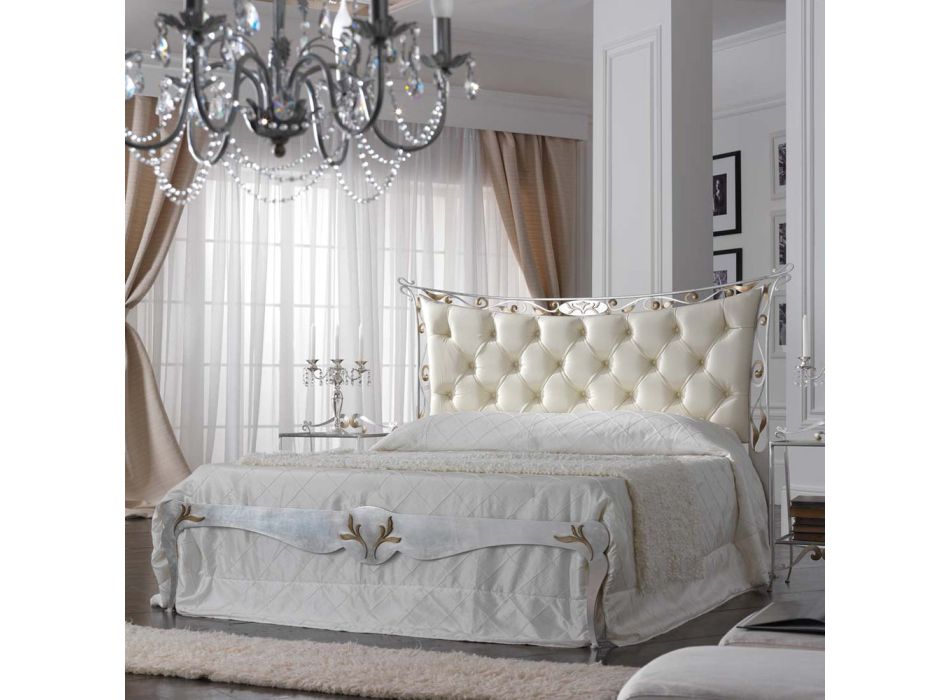 Podwójne łóżko w klasycznym stylu z żelaza i skóry Made in Italy - King Viadurini