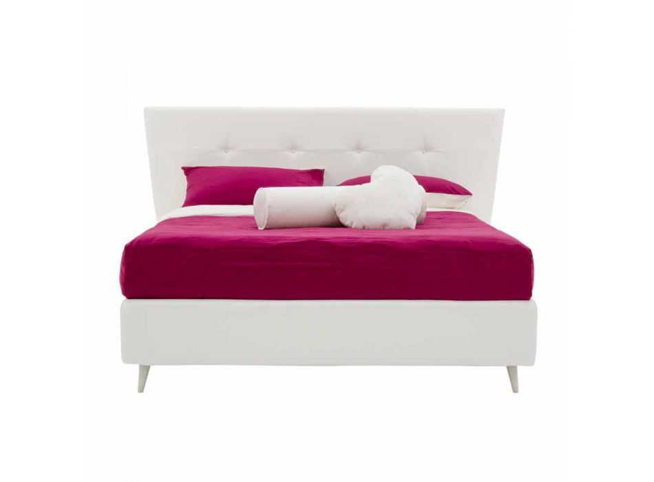 Podwójne łóżko ze sztucznej skóry z drewnianymi nóżkami Made in Italy - Perzio Viadurini
